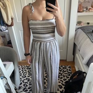 Stripe Linen Tie Strap Jumpsuit